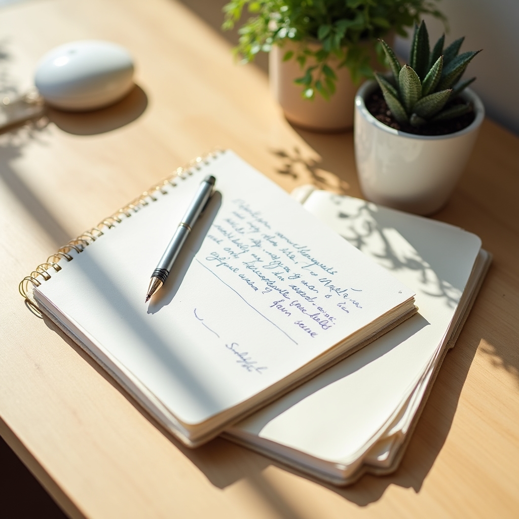 Organized minimal workspace with an open notebook, pen, and small plant on a light birch desk, warm natural light from the left