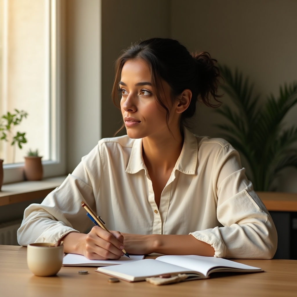 Person journaling about money habits at a wooden desk with warm light