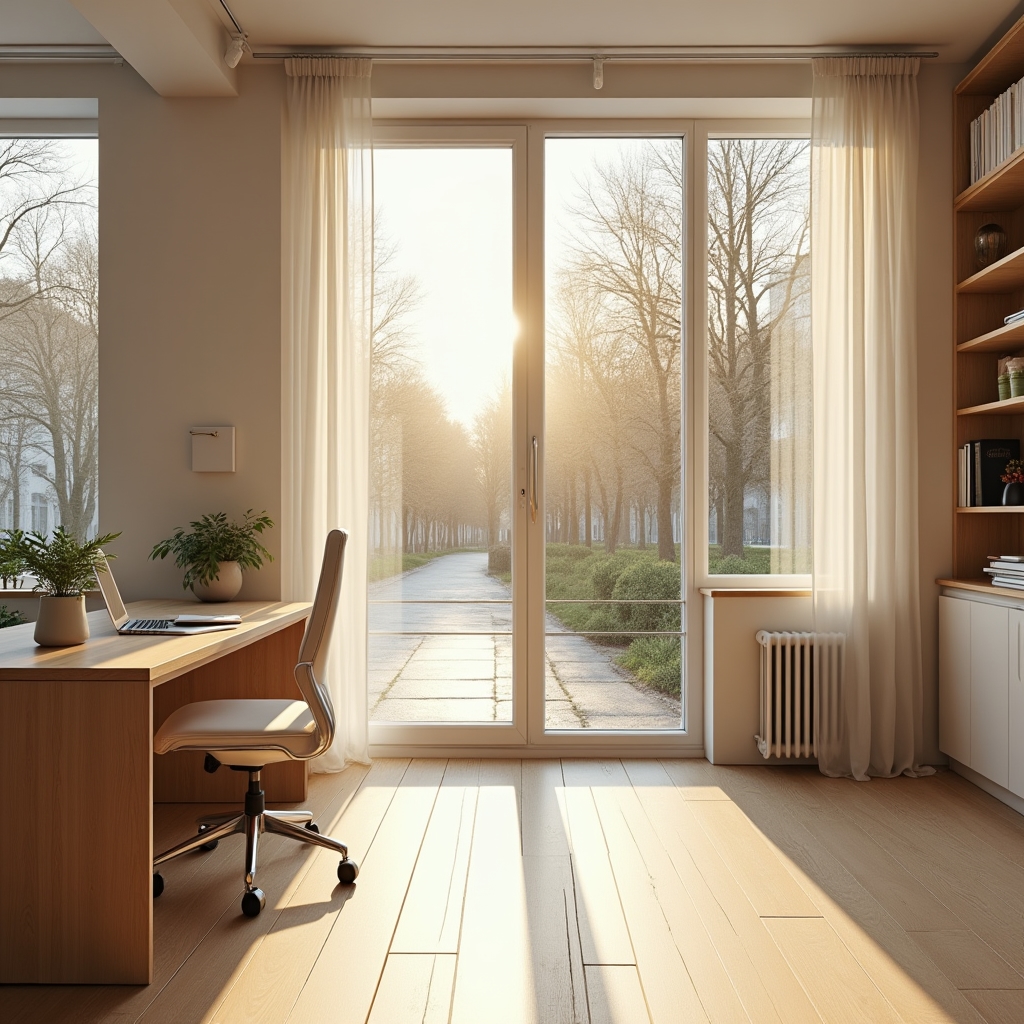 Modern interior office space with large windows overlooking a tree-lined avenue, clean Scandinavian-style furniture, warm afternoon light